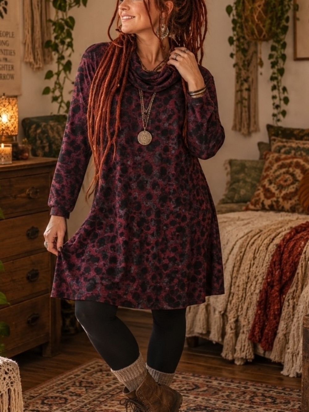 Animal Print y2k Kenzie Women’s Long Sleeve Cowl Neck Dress  Burgundy/Black Sz M